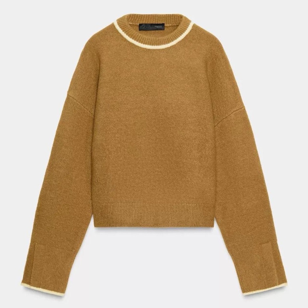 NWT Zara Contrast Trim Crewneck Sweater in Mustard Tan/White - S